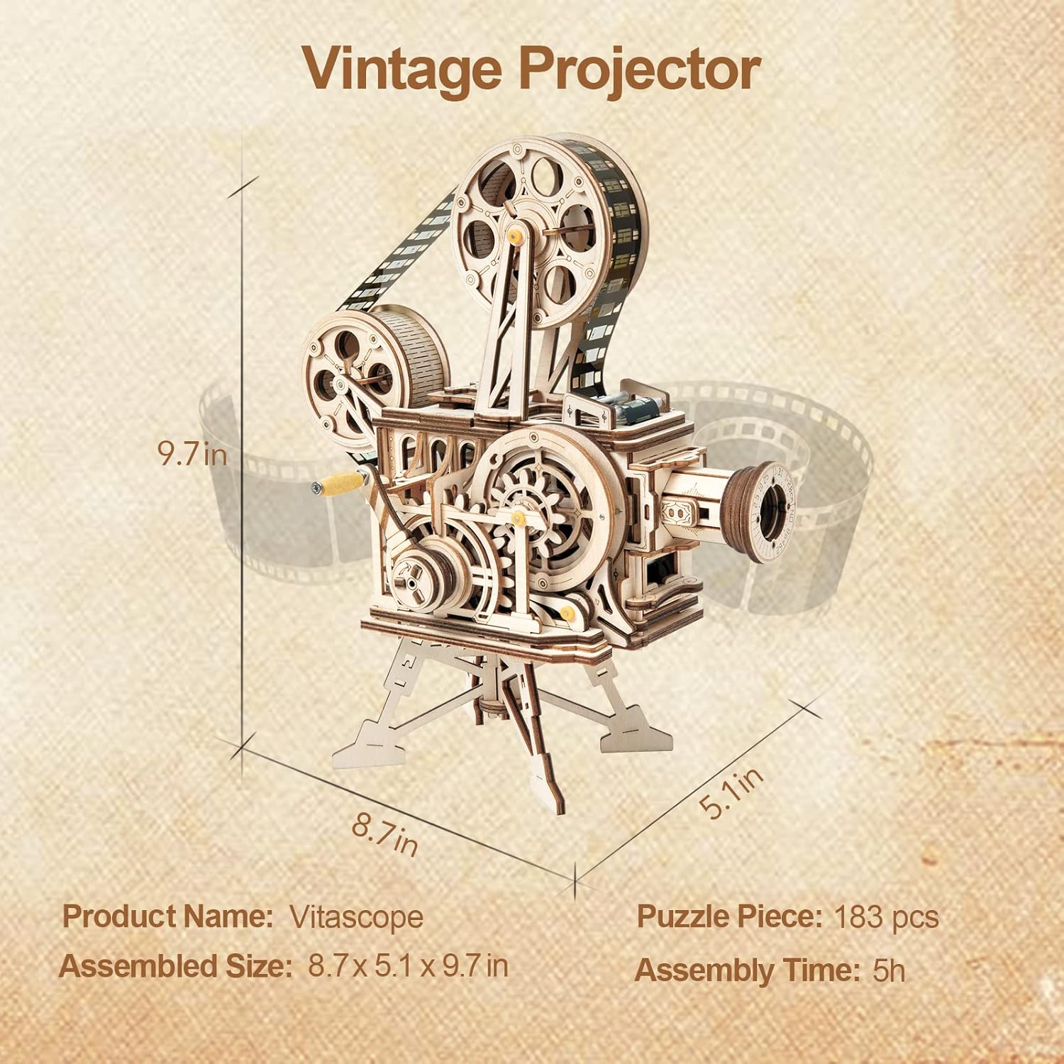 ROKR Vitascope LK601 Wooden Vintage Movie Projector 3D Puzzle - 183 Pieces, Hand-Crank DIY Wood Projection Model (Plays Black & White Film) - Retro Mechanical Desktop Decor, Gift for Film & Mechanical Model Enthusiasts detail image 5