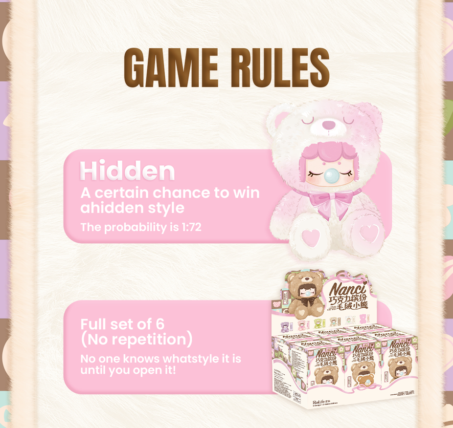 Rolife Nanci Colorful Chocolate Cutie Bears Surprise Plush — Blind Box (1 Random Piece) | Dessert Chocolate Color Teddy Bear Collectible, 6 Regular + Creamy Sakura Hidden, ~17.5cm Soft Plush detail image 4
