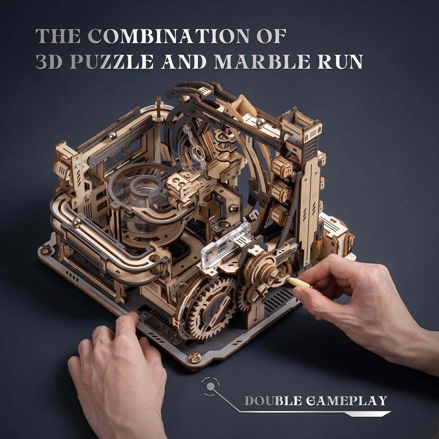 ROKR Marble Spaceport LGC01 Electric Marble Run 3D Wooden Puzzle, 472 Pieces — Futuristic Spaceport DIY Marble Track with Manual & Electric Modes, 6 Splitters + 5 Tracks, Mechanical Model Gift detail image 7