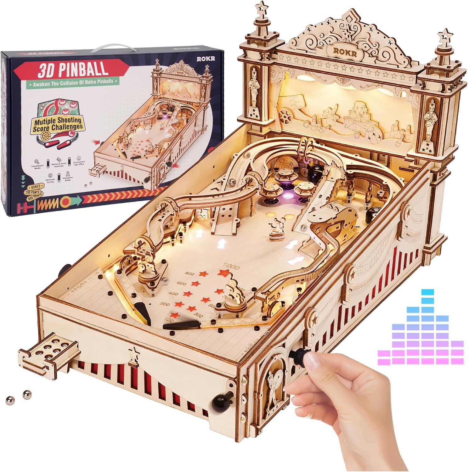 ROKR 3D Pinball EG01 Wooden Pinball Assembly Model, 482 Pieces — Retro Arcade Style DIY 3D Wooden Puzzle, Playable Mini Pinball Machine with Light & Sound and Scoring System — Gift for Mechanical Model & Wooden Puzzle Enthusiasts detail image 1