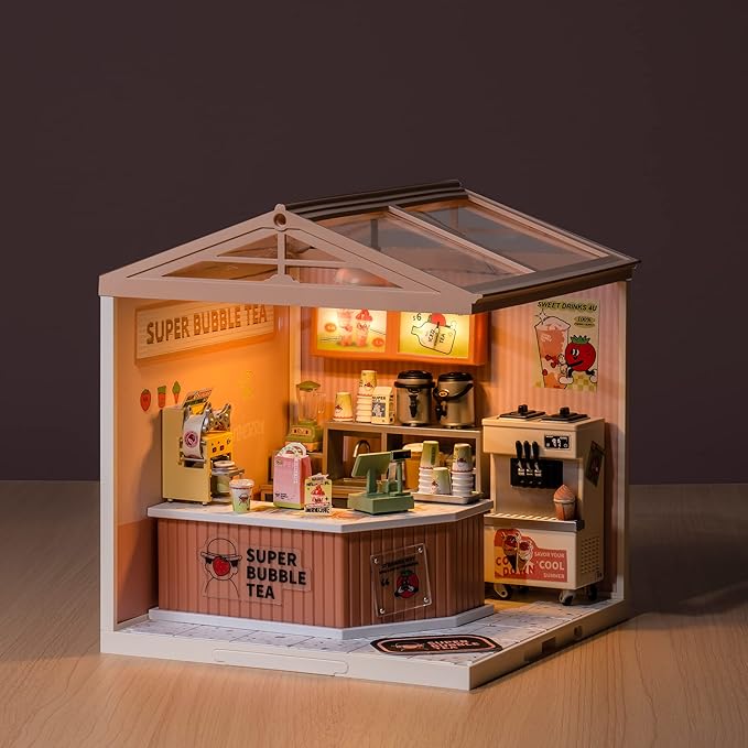 Rolife Super Creator Double Joy Bubble Tea DW006 Miniature DIY Milk Tea Shop Kit — ~130 Piece Snap-Fit Assembly with LED Ambient Lighting, Stackable Modular Design, Ideal Gift for Bubble Tea Lovers & Miniature Hobbyists detail image 1