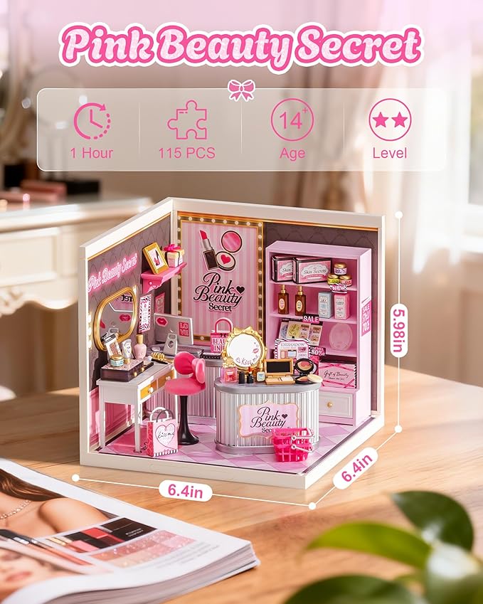 Rolife Super Creator Pink Beauty Secret DW026 Pink Beauty Secret Miniature Room Kit — 115-Piece Snap-Together, No-Glue Makeup Boutique Scene with Type-C LED Lighting, Stackable; Gift for Beauty Lovers & DIY Miniature Fans detail image 2