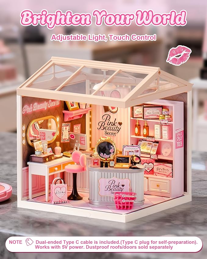 Rolife Super Creator Pink Beauty Secret DW026 Pink Beauty Secret Miniature Room Kit — 115-Piece Snap-Together, No-Glue Makeup Boutique Scene with Type-C LED Lighting, Stackable; Gift for Beauty Lovers & DIY Miniature Fans detail image 1