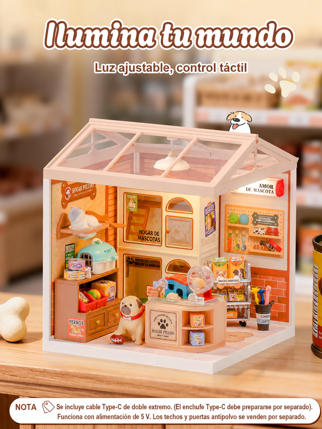 Rolife Super Creator Furry Friends' Home DW027 Kit de ensamblaje de casa para mascotas en miniatura, tienda de mascotas temática DIY, montaje sin pegamento con encaje, con luces LED y apilable, regalo para amantes de las mascotas y aficionados a las miniaturas detail image 3