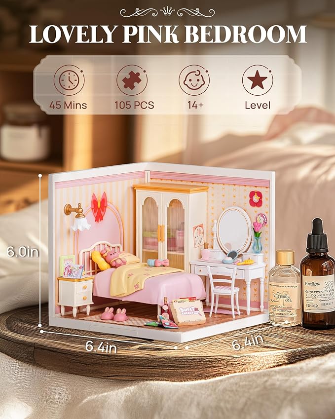 Rolife Super Creator Lovely Pink Bedroom DW016 — Pink Dream Miniature DIY Bedroom Kit with LED, No Glue Snap-Fit, Stackable detail image 3
