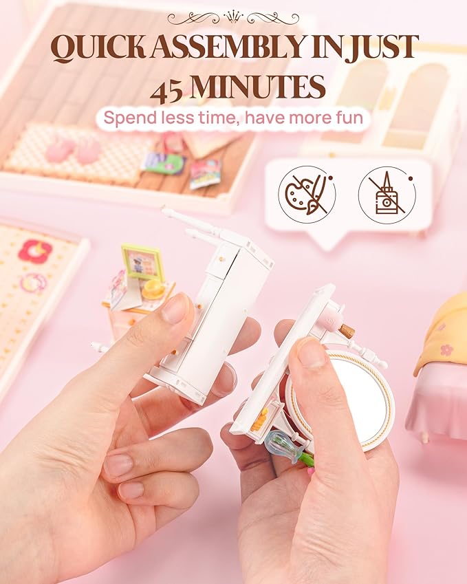 Rolife Super Creator Lovely Pink Bedroom DW016 — Pink Dream Miniature DIY Bedroom Kit with LED, No Glue Snap-Fit, Stackable detail image 2