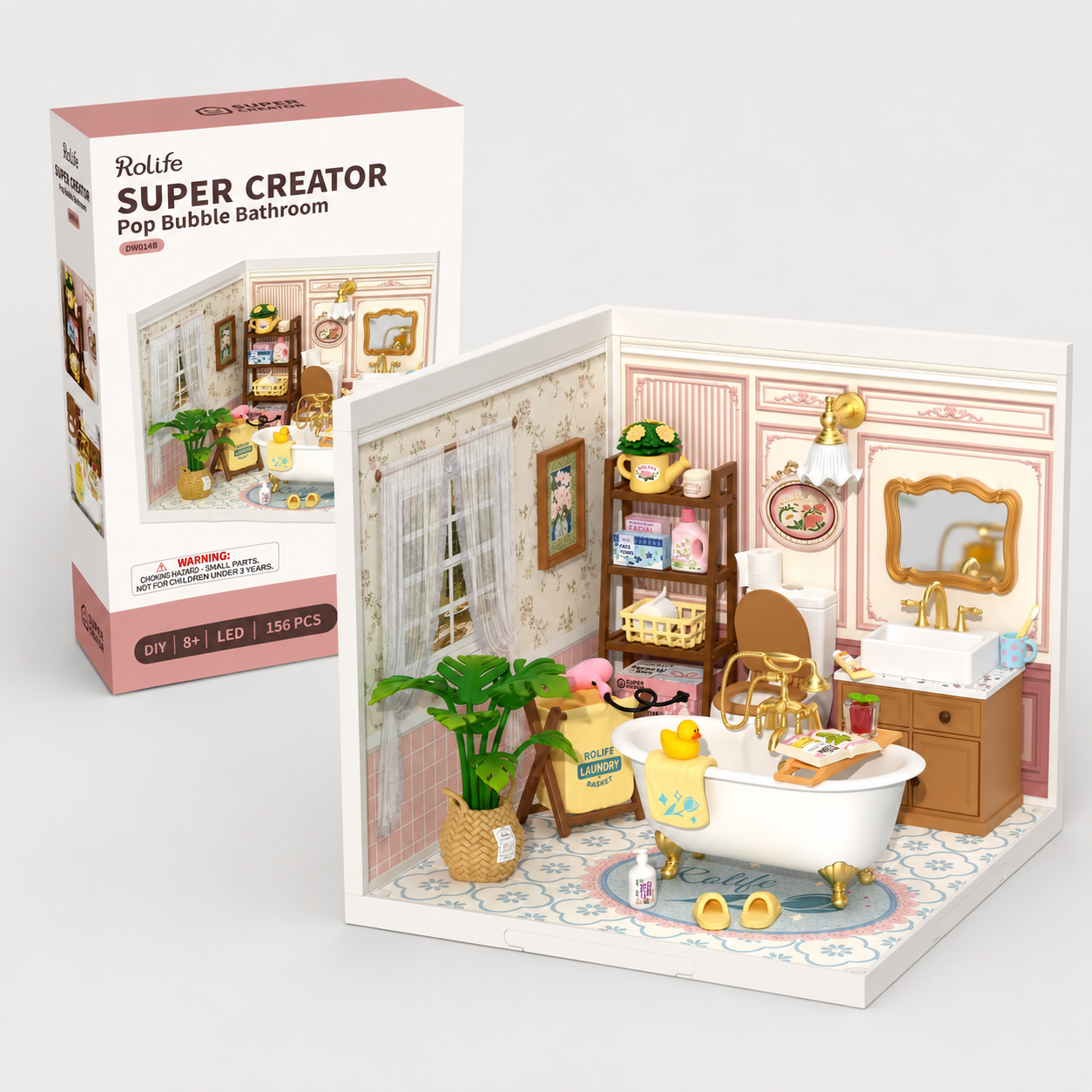 Rolife Super Creator Pop Bubble Bathroom DW014B Miniature DIY Bathroom Kit — 103-Piece No-Glue Snap Assembly with LED, Stackable Modular Display, Perfect Gift for Dollhouse & DIY Enthusiasts detail image 7