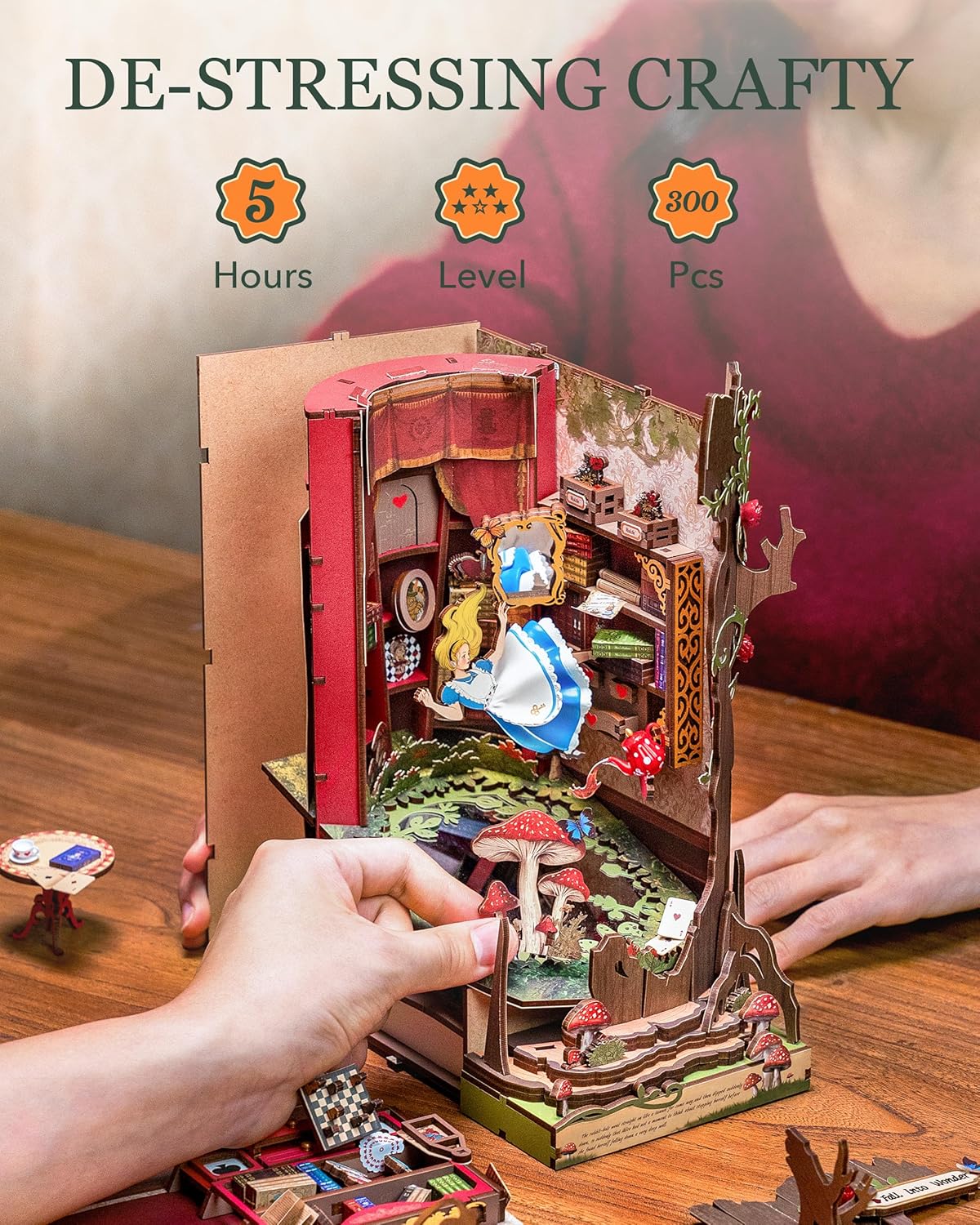 Rolife Fall into Wonder TGB12 Book Nook Miniature Kit — DIY 3D Wooden Puzzle Bookend, 300-Piece Fairy Tale Scene with LED Lights, Desktop Décor Gift for Book Lovers & Miniature Enthusiasts detail image 9