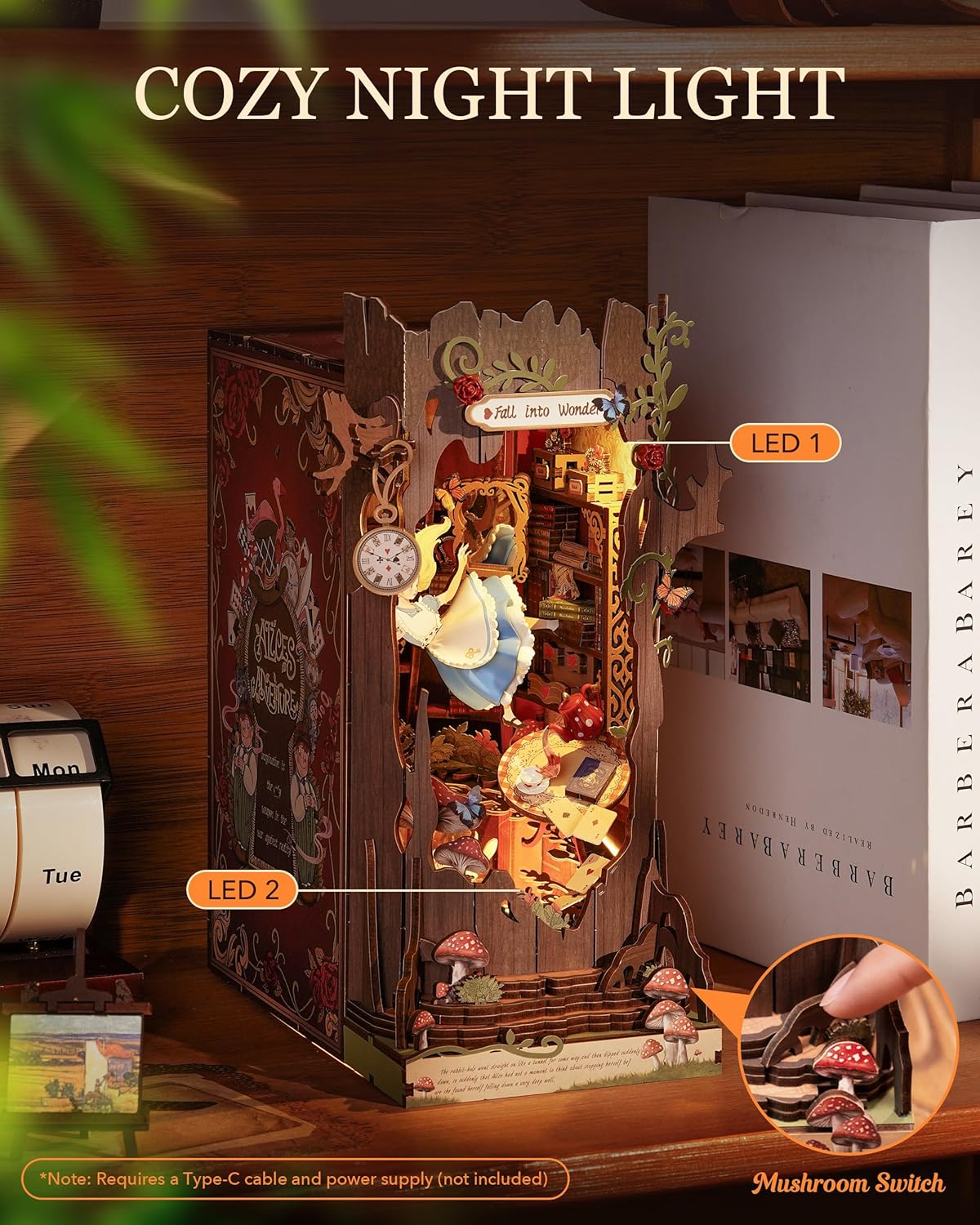 Rolife Fall into Wonder TGB12 Book Nook Miniature Kit — DIY 3D Wooden Puzzle Bookend, 300-Piece Fairy Tale Scene with LED Lights, Desktop Décor Gift for Book Lovers & Miniature Enthusiasts detail image 5