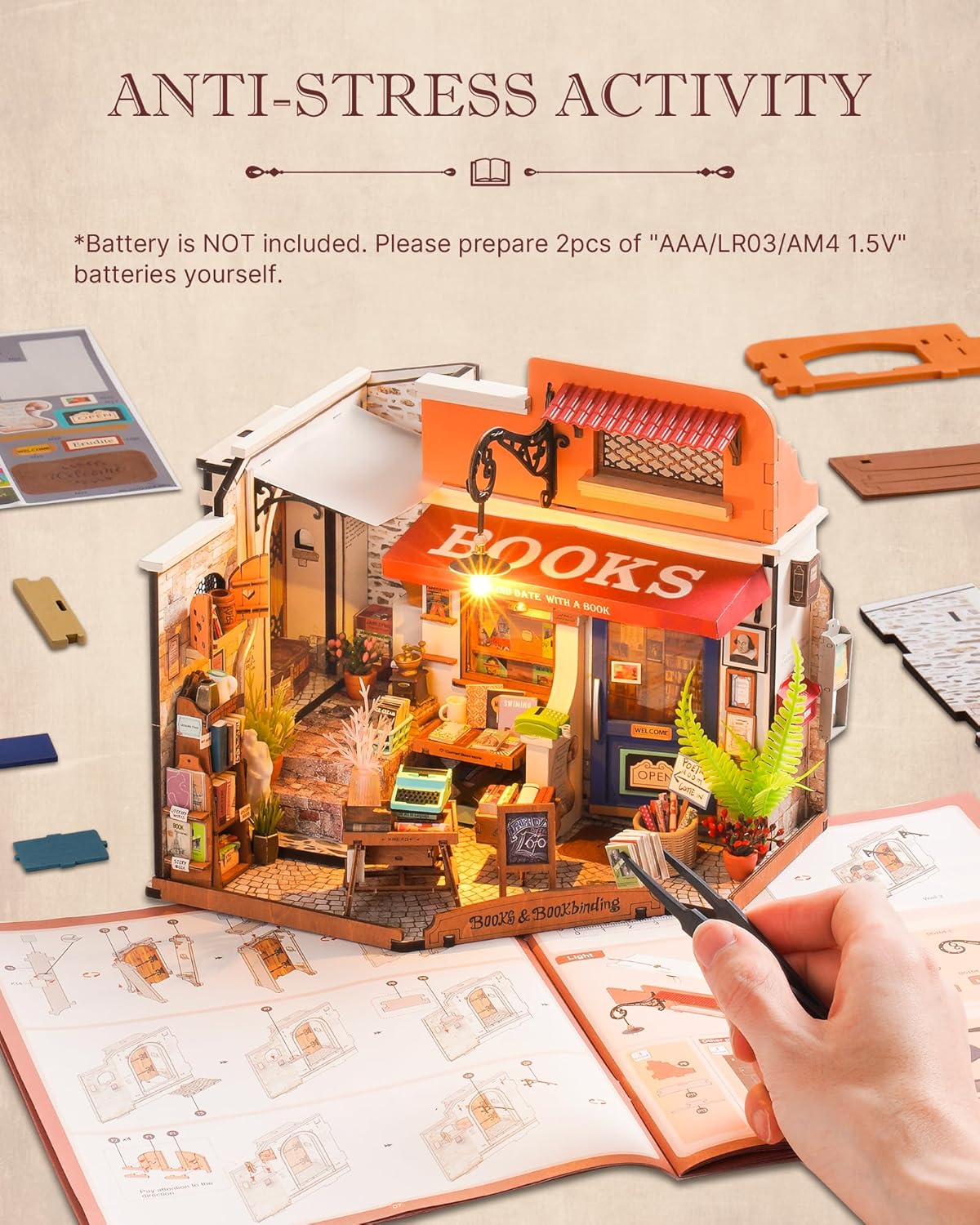 Rolife Corner Bookstore DG164 Miniature DIY Kit — 3D Wooden Puzzle Mini Bookshop, 108 Pieces with LED, Desktop Decoration for Book Lovers & Miniature Enthusiasts detail image 8
