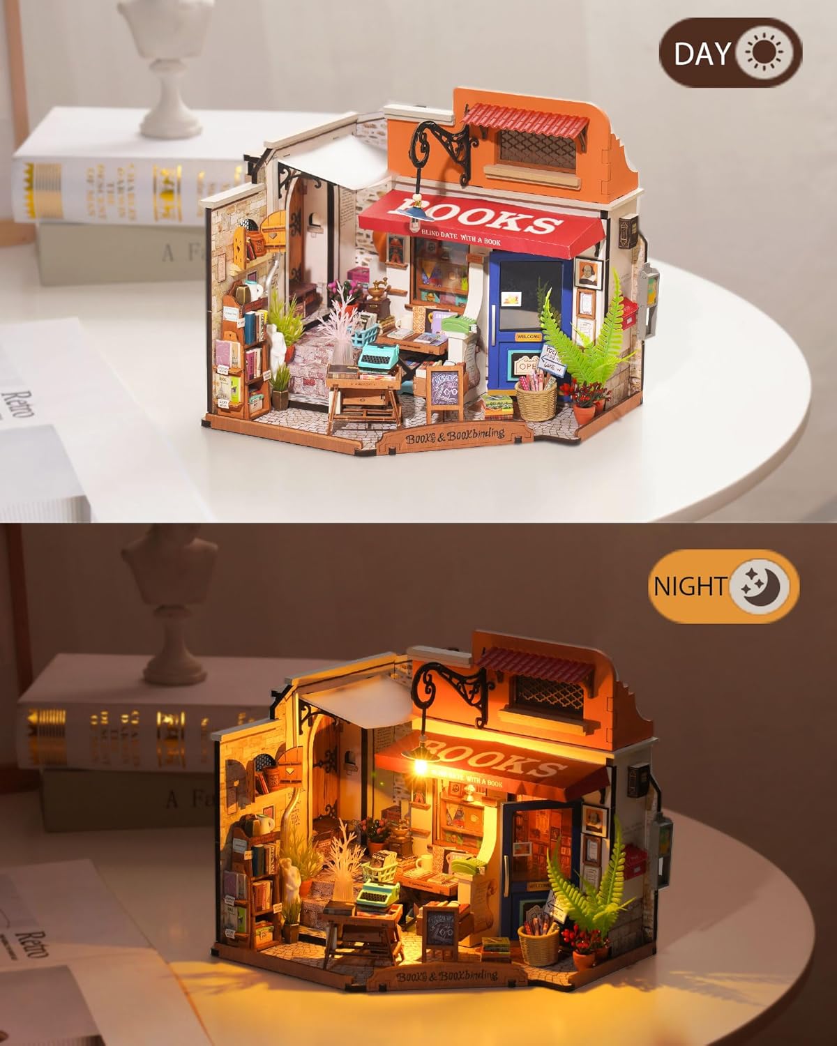 Rolife Corner Bookstore DG164 Miniature DIY Kit — 3D Wooden Puzzle Mini Bookshop, 108 Pieces with LED, Desktop Decoration for Book Lovers & Miniature Enthusiasts detail image 5